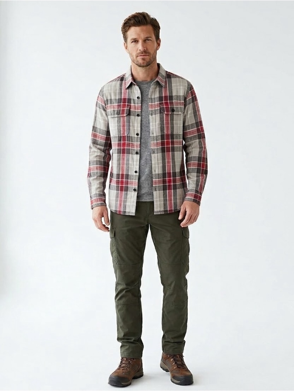 Eddie Bauer Cotton Flannel Plaid Shirt Size L Red Grey Layering Outdoor